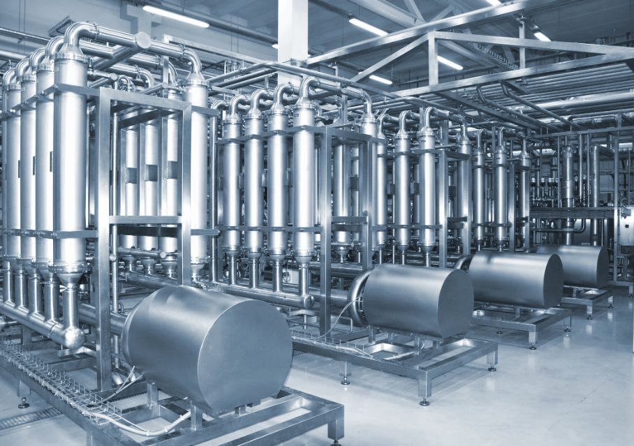 Stainless membrane filtration skids in a dairy plant